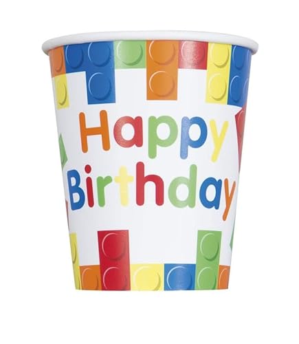 Unique 82213 Pappbecher – 266 ml – Bausteine ​​Geburtstag – 8 (1 Stück), Multicolour von Unique