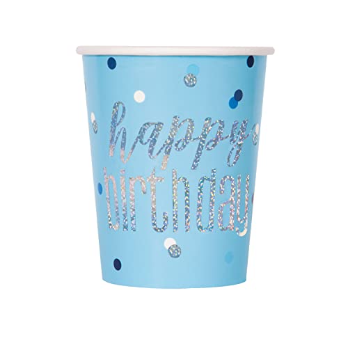 Unique 82247 Papierbecher-266 ml-Glitzerfolie Blau & Silber Geburtstag-8er-Pack, Blue, Happy Birthday von Unique