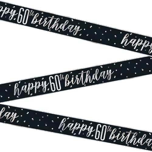 Unique 82265 Folienbanner „Happy 60th Birthday“ – 2,74 m – Glitz Schwarze Geburtstags-Party (1 Stück) von Unique