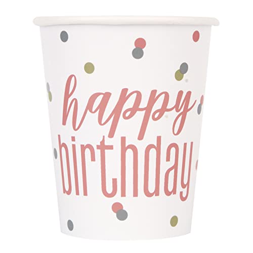 Unique 84896EU Plastikfreie Papierbecher-266ml-Glitzer Roségold Geburtstag – 8 (1 Stück), Multicolour von Unique