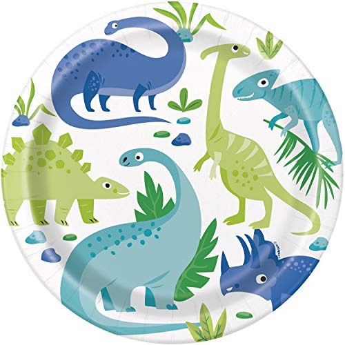 Unique Party 73885EU Umweltfreundliche Pappteller- 21.9 cm, Blaue & Grüne Dinosaurier-Party-Packung (8 Stück), Multicolour von Unique