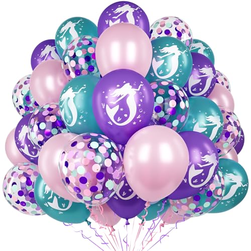 Meerjungfrau Party Ballons, 60 Stück 12 Zoll Lila Rosa Teal Ballon mit Meerjungfrau Druck Ballons Konfetti Ballon und Bänder für Mädchen Prinzessin Geburtstag Unter Meer Meerjungfrau Thema Party Deko von Unisun