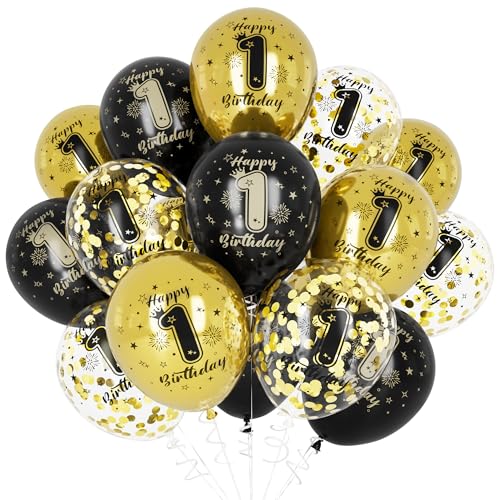 Unisun 1. Geburtstag Luftballons, 1 Jahre Geburtstag Dekorationen für Jungen, Happy Birthday Schwarz Gold 1 Jahrestag Ballons Deko für Geburtstag Party Supplies von Unisun