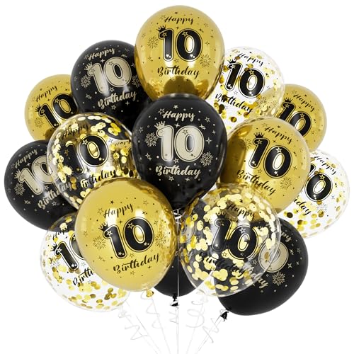 Unisun 10. Geburtstag Luftballons, 10 Jahre Geburtstag Dekorationen für Jungen, Happy Birthday Schwarz Gold 10 Jahrestag Ballons Deko für Geburtstag Party Supplies von Unisun