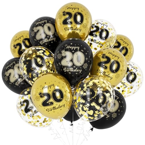 Unisun 20. Geburtstag Luftballons, 20 Jahre Geburtstag Dekorationen für Männer Frauen, Happy Birthday Schwarz Gold 20 Jahrestag Ballons Deko für Mädchen Jungen Geburtstag Party Supplies von Unisun