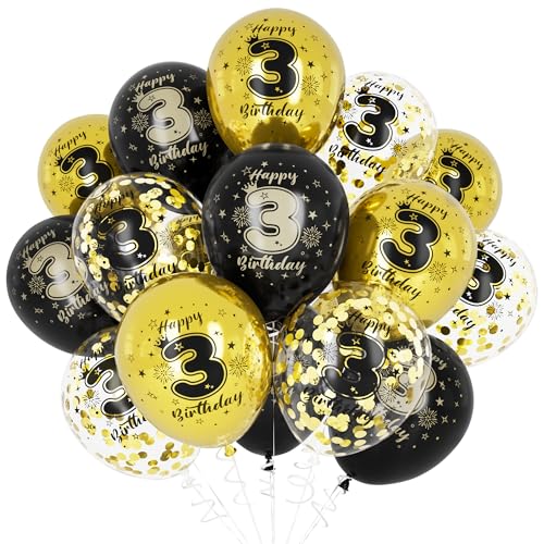 Unisun 3. Geburtstag Luftballons, 3 Jahre Geburtstag Dekorationen für Jungen, Happy Birthday Schwarz Gold 3 Jahrestag Ballons Deko für Geburtstag Party Supplies von Unisun