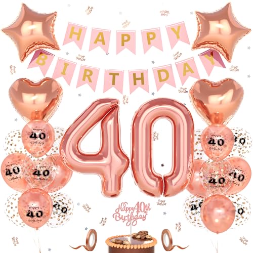 Unisun 40. Geburtstag Deko Frauen, 40 Jahre Rosegold Happy Birthday Geburtstagsdeko, Nummer 40 Luftballon, 40. Happy Birthday Banner Tortendeko Konfetti, Geburtstag Party Dekorationen von Unisun