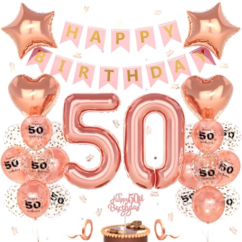 Unisun 50. Geburtstag Deko Frauen, 50 Jahre Rosegold Happy Birthday Geburtstagsdeko, Nummer 50 Luftballon, 50. Happy Birthday Banner Tortendeko Konfetti, Geburtstag Party Dekorationen von Unisun