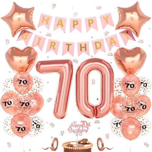 Unisun 70. Geburtstag Deko Frauen, 70 Jahre Rosegold Happy Birthday Geburtstagsdeko, Nummer 70 Luftballon, 70. Happy Birthday Banner Tortendeko Konfetti, Geburtstag Party Dekorationen von Unisun