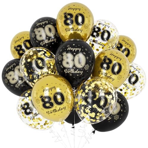 Unisun 80. Geburtstag Luftballons, 80 Jahre Geburtstag Dekorationen für Männer Frauen, Happy Birthday Schwarz Gold 80 Jahrestag Ballons Deko für Geburtstag Party Supplies von Unisun