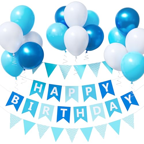 Unisun Blaue Geburtstagsdekorationen, 30,5 cm blaue und weiße Luftballons Happy Birthday Luftballons Wimpelkette Blau Metallic Luftballons, Happy Birthday Dekorationen für Kinder Jungen Männer von Unisun