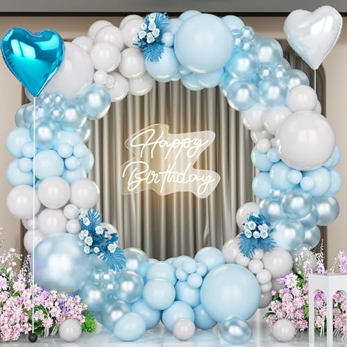 Unisun Blaue Weiße Ballons Bogen Kit, 147pcs Pastellblau Weiße Luftballons Girlande mit 18'' Blaue Herz Folie Ballons für Geburtstagsfeier Dekoration Hochzeit Jubiläum Junge Baby Shower Engagement von Unisun