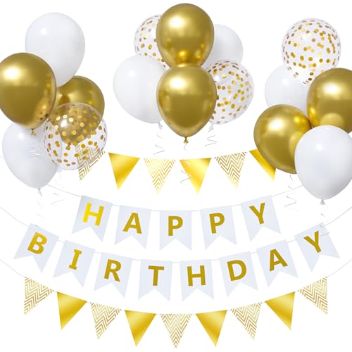 Unisun Gold Geburtstagsdekorationen, Weiß Gold Luftballons Happy Birthday Banner und Wimpelkette mit Konfetti Luftballons 12 Zoll Happy Birthday Luftballons, Happy Birthday Dekorationen für Jungen von Unisun