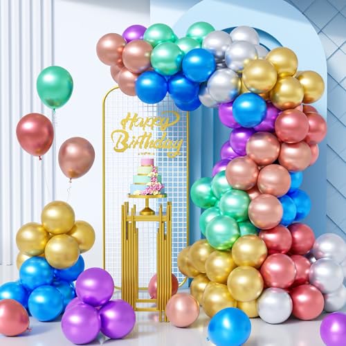 Unisun Luftballons Bunt Metallic, 100Stück 10Zoll Glänzende Chrom Gold Silber Lila Grün Blau Rot Roségold Ballons Junge Mädchen Kind Geburtstag Hochzeit Jahrestag Verlobung Baby Shower Jubiläum Deko von Unisun