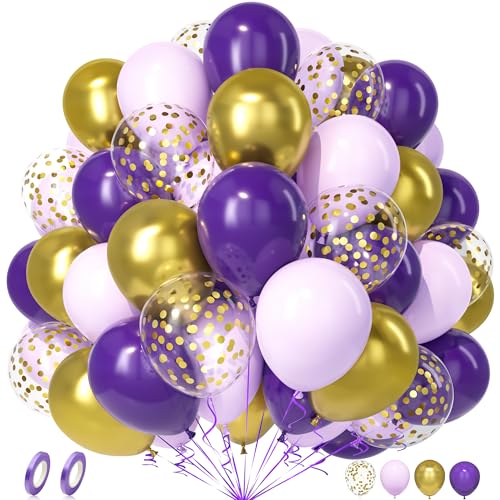 Unisun Luftballons Lila Gold, 50 Stück Ballons Dunkellila Pastell Violet Metallic Gold Konfetti Luftballon Mädchen Frauen Kind Geburtstag Jubiläum Hochzeit Verlobung Abschlussfeier Halloween Deko von Unisun