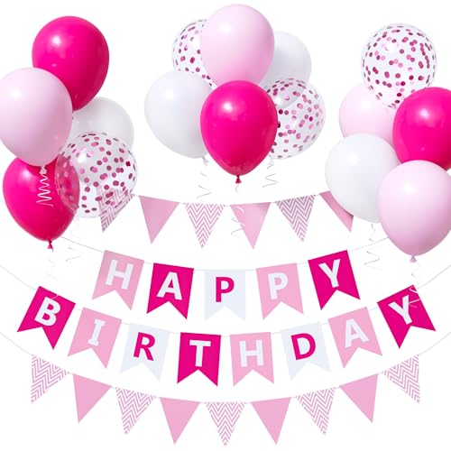 Unisun Rosa Geburtstagsdekorationen, 30,5 cm rosa weiße Luftballons Happy Birthday Banner und Wimpelkette, Happy Birthday Luftballons Konfetti Ballons, Rosa Party Dekorationen für Kinder Mädchen von Unisun