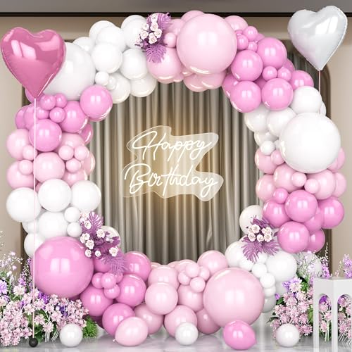 Unisun Rosa Weiße Ballons Bogen Kit, 147pcs Pastellrosa Weiße Luftballons Girlande mit 18'' rosa Herz Folie Ballons für Mädchen Frauen Geburtstagsparty Dekor Hochzeit Jubiläum Baby Shower Engagement von Unisun