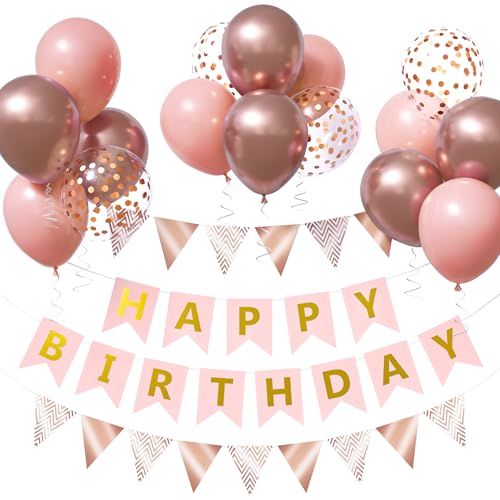 Unisun Roségold Geburtstagsdekorationen, 12 Zoll Rosa Roségold Happy Birthday Luftballons mit Happy Birthday Banner und Wimpelkette Konfetti Ballon, Rosa Party Dekorationen für Frauen von Unisun