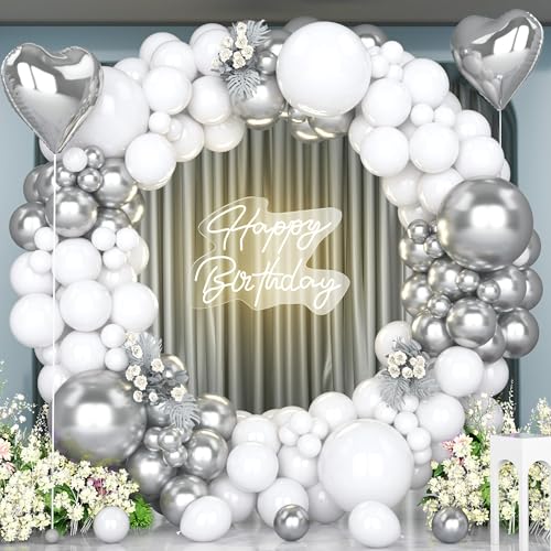 Unisun Silber Weiße Ballons Bogen Kit, 147pcs Weiße Metallische Silber Luftballons Girlande mit 18'' Silber Herz Folie Ballons für Hochzeit Geburtstag Party Dekoration Jubiläum Verlobung Baby Shower von Unisun