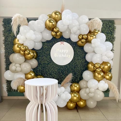 Unisun Weiße Gold Ballons Bogen Kit, 143 Pcs Sand Weiße Gold Luftballons Girlande mit Nackt Beige Ballons für Geburtstagsfeier Dekoration Boho Hochzeit Jubiläum Baby Shower Engagement Gender Reveal von Unisun