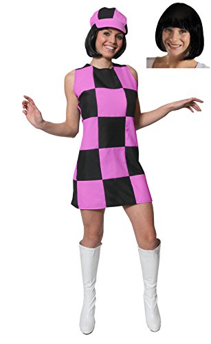 ILOVEFANCYDRESS FRAUEN kariert rosa und schwarz 60er Jahre Partymädchen Kleid mit mattem Hut und schwarzem Bob Stick (XX-LARGE) von Unknown