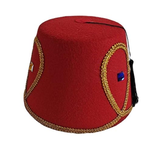 Unletters Fez Hut Klassischer türkischer und marokkanischer Karneval Kopfbedeckung Halloween Cosplay Exquisiter türkischer Hut aufwendige schwarze Quasten Shriner Hut von Unletters