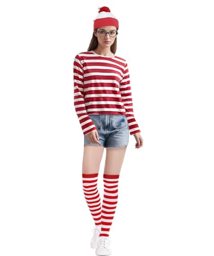 Unpifolov Rot-weiß gestreiftes T-Shirt, Anzüge, lustiges Halloween-Cosplay-Kostüm, Erwachsenen-Sweatshirt, Outfit, Hut, Brille, Socken, Set, Damen, Größe L von Unpifolov