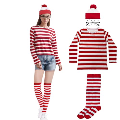 Unpifolov Rot-weiß gestreiftes T-Shirt, Anzüge, lustiges Halloween-Cosplay-Kostüm, Erwachsenen-Sweatshirt, Outfit, Hut, Brille, Socken, Set, Damen, Größe XL von Unpifolov