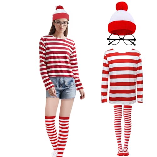 Unpifolov Rot-weiß gestreiftes T-Shirt, Anzüge, lustiges Halloween-Cosplay-Kostüm, Erwachsenen-Sweatshirt, Outfit, Hut, Brille, Socken, Sets, Damen, Größe S von Unpifolov