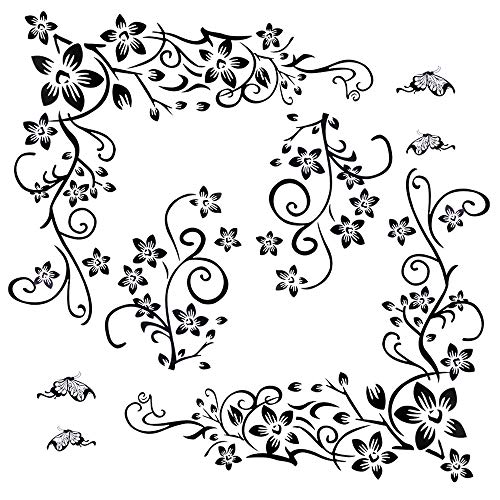 2set Wandtattoo Blumenranke Schwarz Rebe Wandsticker Blumen Schmetterlinge Pflanzen Aufkleber-Wand-Deko für TV Hintergrund Deko Wohnzimmer Wand Fenster Abziehbilder (Wandtattoo Blumenranke) von MEJOSER