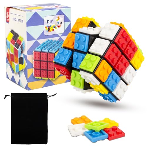 Unvtap Zauberwürfel 3x3 Build-on Brick Magic Cube 2-in-1 Speed Cube Knobelspiele Magischer Würfel Spielzeug für Kinder Erwachsene Jungen Mädchen Geschenk mit Samtbeutel von Unvtap