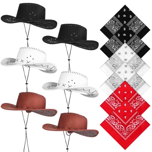 Cowboyhüte mit 6 Stück Bandana, Cowgirl, Cowboy-Kostüm, Hut, Westernhut, Kostümhut, Halloween-Party, Cowboy-Kostüm, Party-Kostüm, Zubehör für Männer und Frauen (Weiß/Schwarz/Rot) von Uoeo