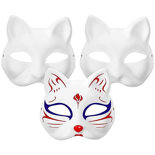 Uonlytech 3 Stück Fuchs Halloween Masken Katze Halbgesichtsmasken Blank Kostüm Masken Cosplay Party Maske DIY Handbemalte Maske Blank Weiß Maske Lehrhilfen Kleidung Weiß Papier Mann Dekoratives Papier von Uonlytech