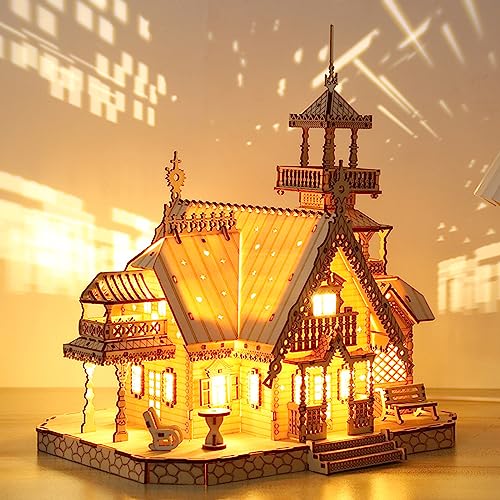 UpGLeuch 3D Puzzle Modellbausatz Holz Villa mit Licht Erwachsene, Vintage Holzbausatz 3D Puzzle, DIY Villa 3D Holzbausatz Heimdekoration Desktop Spielzeug Erwachsene und Kinder von UpGLeuch