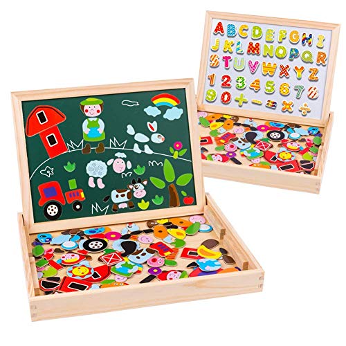 Uping Holzpuzzle mit Doppelseitige Magnettafel,Kinder Magnetische Holzspielzeug,155 Stücke Nettes Farm Tier/Auto/Buchstaben Digitales Puzzle -Muster, Geschenk für Junge und Mädchen von Uping