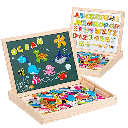 Uping Holzpuzzle mit Doppelseitige Magnettafel, Staffelei Kinder,130 Stücke magnetische Meerestiere und magnetische Alphabet-Puzzleteile,Magnetische Holzspielzeug, Kreativ Lernspielzeug für Kinder von Uping