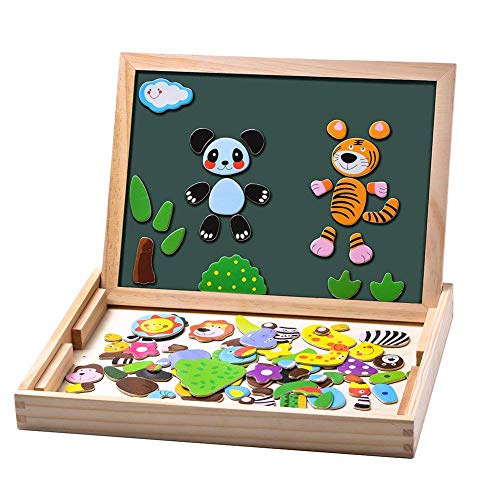 Uping Magnetisches Holzpuzzle Staffelei doppelseitige Tafel Holzbrett Doodle 100 Stücke Rahmenpuzzles für ab 3 Jahre Kinder Wald and Tier von Uping