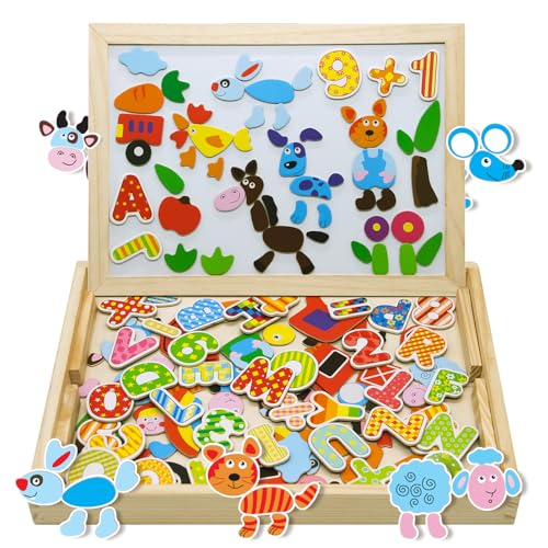 Uping magnetisches Holzpuzzle Staffelei doppelseitige Tafel Holzbrett Doodle 155 Stücke für Kinder ab 3 Jahre Bauernhof von Uping