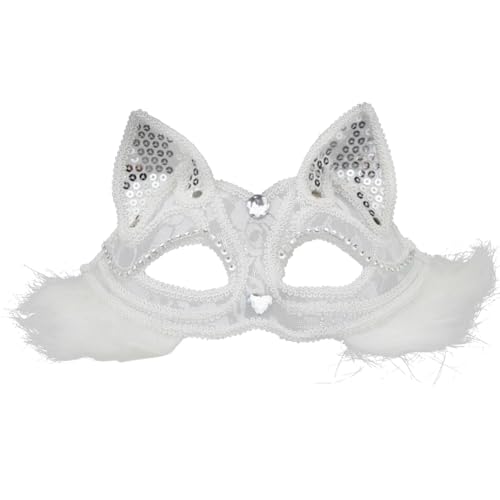 Uposao Fuchsmaske Halbfuchsmaske Schwarz Weiße Spitzen Katzen Maske Maskerade mit Elastischer Band Tiergesichtsmaske Mit Plüsch/Ohne Plüsch für Holloween, Masquerade Party, Cosplay von Uposao