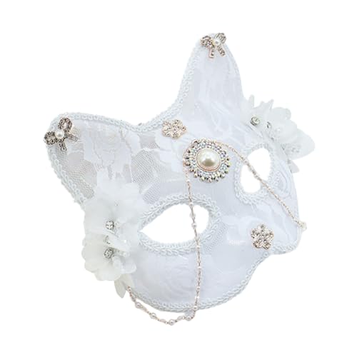 Uposao Katzenmaske Halbfuchsmaske Spitzen Katzen Maske Maskerade mit Perlen Strasssteinen Und Blumen Tiergesichtsmaske für Holloween, Masquerade Party, Cosplay von Uposao