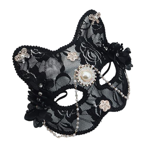 Uposao Katzenmaske Halbfuchsmaske Spitzen Katzen Maske Maskerade mit Perlen Strasssteinen Und Blumen Tiergesichtsmaske für Holloween, Masquerade Party, Cosplay von Uposao