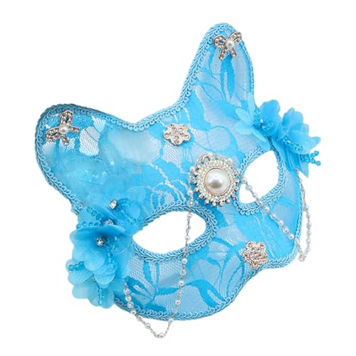 Uposao Katzenmaske Halbfuchsmaske Spitzen Katzen Maske Maskerade mit Perlen Strasssteinen Und Blumen Tiergesichtsmaske für Holloween, Masquerade Party, Cosplay von Uposao