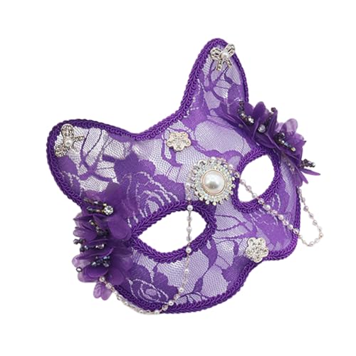 Uposao Katzenmaske Halbfuchsmaske Spitzen Katzen Maske Maskerade mit Perlen Strasssteinen Und Blumen Tiergesichtsmaske für Holloween, Masquerade Party, Cosplay von Uposao