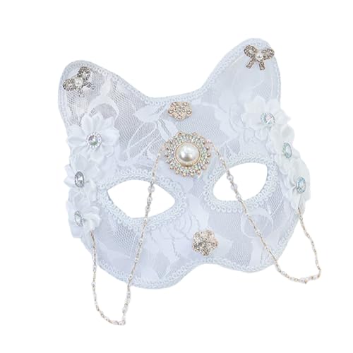 Uposao Katzenmaske Halbfuchsmaske Spitzen Katzen Maske Maskerade mit Perlen Strasssteinen Und Blumen Tiergesichtsmaske für Holloween, Masquerade Party, Cosplay von Uposao