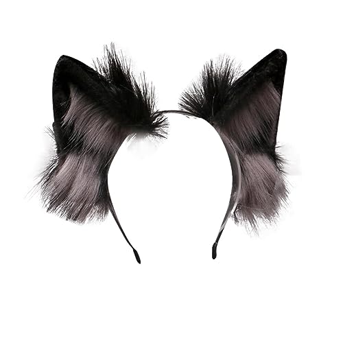 Uposao Plüsch Wolfsohren Haarreif, Wolfsohren Stirnband Haarband Kopfband Haarschmuck Handgemacht Einstellbar Haarnadel Halloween Cosplay Anime Kostüm für Mädchen Damen Frauen Kinder,Schwarz Grau von Uposao