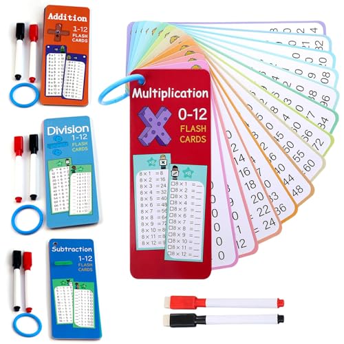 70 Stücke Mathe Lernkarten Set,1-12 Addition,Subtraktion,Multiplikation und Division Tabellenkarten,Lernkarten Set mit Stifte und Ringen,Einmaleins Karten zum Lernen,Multiplikationsspiel für Kinder von UptVin