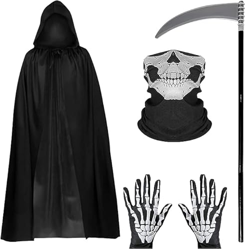 Kostüme Halloween , Sensenmann , Kapuzen-Samt-Umhang, 150 cm schwarzer mit , Schädelmaske, Geisterhandschuhe, abnehmbare -Sense, Dark Reaper-Halloween-Kostüm von UptVin