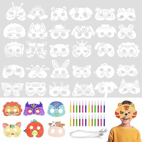 UptVin 32 Stück Tiermasken für Kinder, Blanko Masken zum Ausmalen Kreative Masken Kinder mit Elastische Schnur und Aquarellstifte für Halloween, Weihnachten, Bühnenaufführungen, Themenpartys von UptVin
