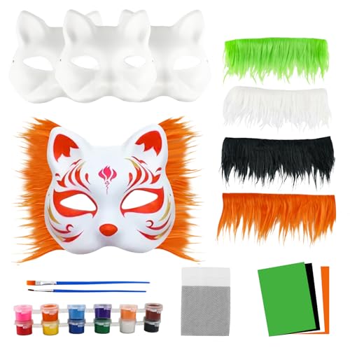 UptVin 4 Stück Therian Mask Kit, Katzenmasken mit Fell, Augennetz und Pigment, Papier Katzenmasken zum Bemalen, Blank Katzen Masken Geeignet für DIY Maskerade Cosplay Karneval Party von UptVin