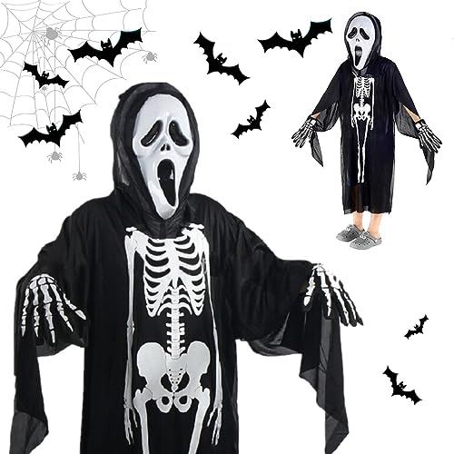 UptVin Halloween Kostüm Kinder Skelett, Sensenmann , Halloweenkostüm mit Schädelmaske Handschuhen, Knochengerüst für Cosplay Karneval Dress Up Party von UptVin